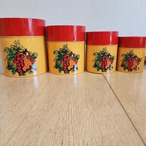 Holt Howard Japan MCM Metal Set of 4 Canister Set w/Front & Back Graphic Nesting
